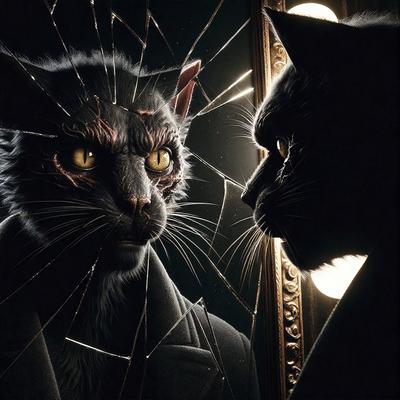 The primary subject of the image is a cat, which is seen in a mirror. The cat is looking at its reflection, creating an interesting visual effect. The setting is a dark room, and the visual style appears to be a combination of a photo and digital art. The dominant colors in the image are black and yellow, giving the scene a somewhat eerie atmosphere.